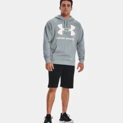 Under Armour Men's Rival Fleece Big Logo Hoodie Harbor Blue / Onyx White -Canterbury Shop v5 1357093 465 fsf