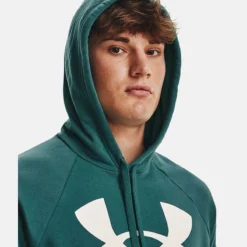 Under Armour Men's UA Rival Fleece Big Logo Hoodie Coastal Teal / Onyx White -Canterbury Shop v5 1357093 722 hood